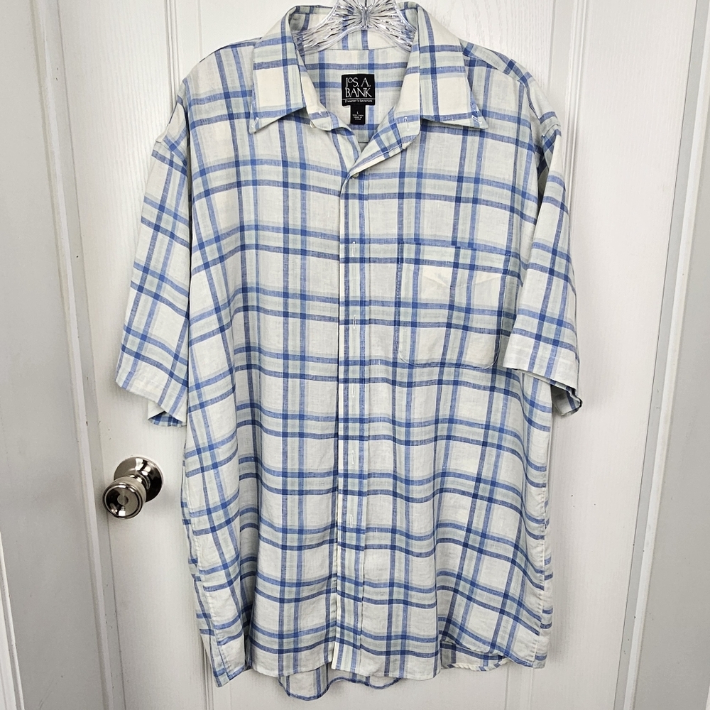 Jos A Bank 100% Linen Blue Plaid Shirt Men’s L Short Sleeve